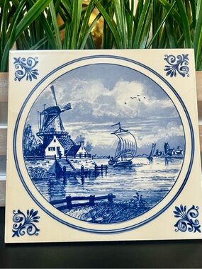 DELFT Vintage Blue Windmill Ceramic Tile Schoonhoven Holland